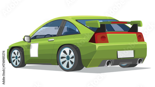 Vector illustration of oblique view from the rear of a racing sports car. Green car isolated on white background. A car with a spoiler and aggressive twin exhaust pipes.