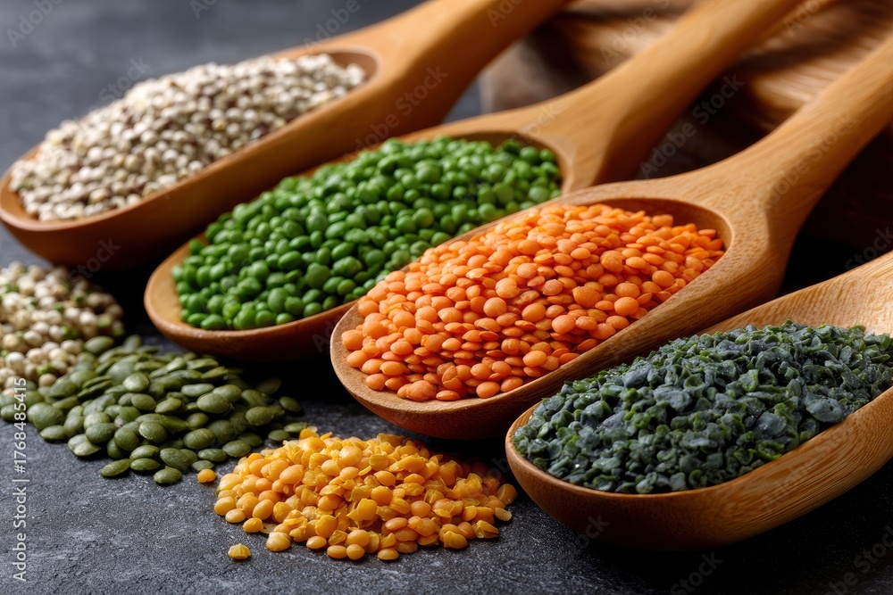 Fototapeta premium Wooden spoons hold diverse lentils peas seeds on a dark surface