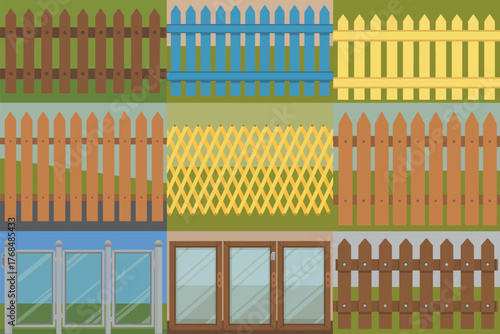 Collection of various wooden fence designs and garden structures