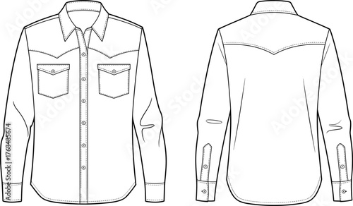 Long sleeve western shirt fashion flat sketch front and back view, pocket details garment design template, vector apparel illustration drawing