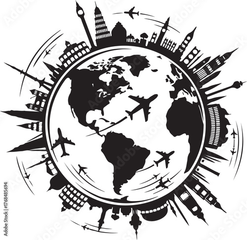 World globe silhouette with airplanes flying around, surrounded by city skylines