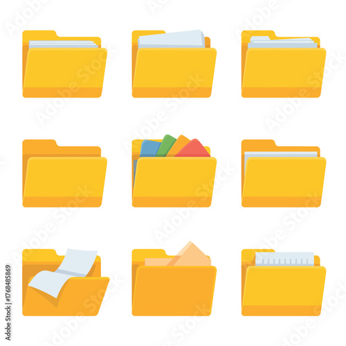 Collection of nine yellow file folder icons with different contents