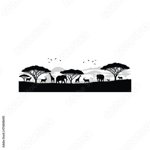 African savanna landscape silhouette with elephants giraffes antelopes and acacia trees under a sky with birds