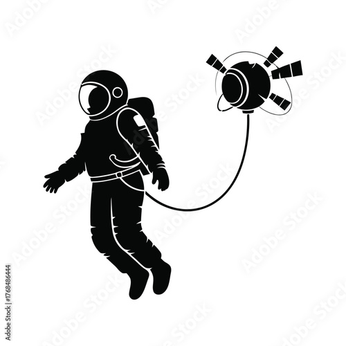 Astronaut floating in space tethered to a satellite with solar panels against a white background