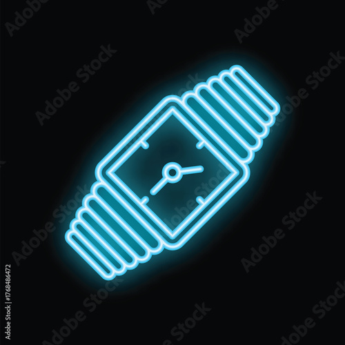 Blue neon sign depicting a wristwatch on a black background, perfect for concepts such as time management or the relentless passage of time