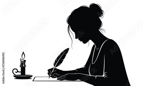 Silhouette of Woman Writing with Quill – Vintage Author Illustration for Literature, Creativity, and Inspiration Design