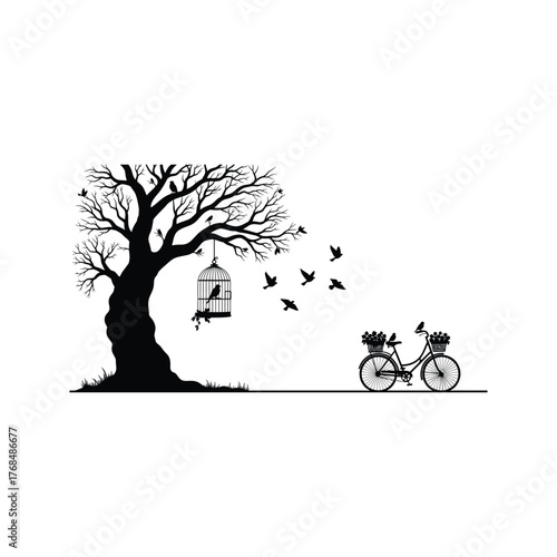 Silhouette of a bare tree with birds flying free from a cage and a bicycle with flower baskets