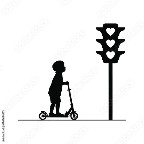 Silhouette of a child on a scooter looking up at a traffic light with heart shapes instead of lights