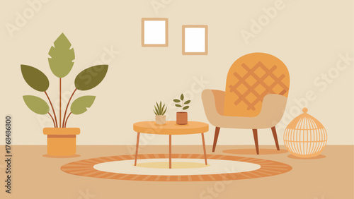 Cozy living room with armchair plants and decorative birdcage