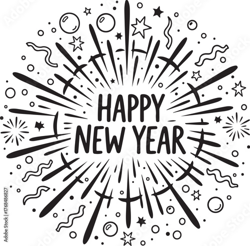 Black and white illustration of a happy new year firework burst with confetti