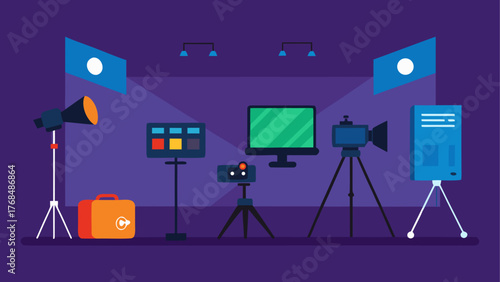 Illustration of a film set with cameras lighting and monitor