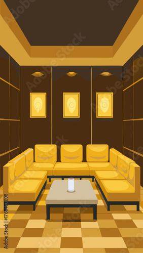 Modern lounge area with a large yellow sectional sofa and coffee table
