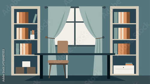 Cozy home office with bookshelves and desk by the window