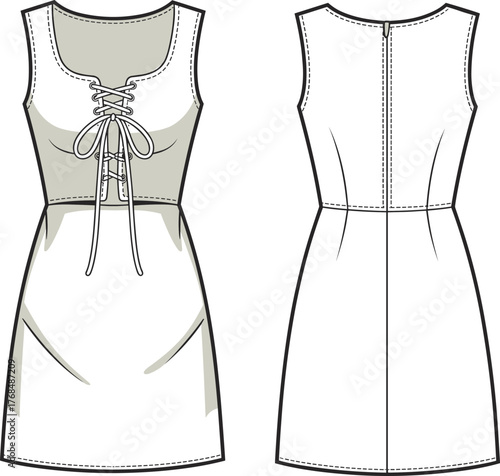 Sleeveless short dress flat sketch, front and back technical drawing with lace up bodice, fashion CAD template, 