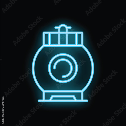 Blue neon sign depicting a bathyscaphe exploring the ocean depths, perfect for any project related to underwater exploration or deep sea diving