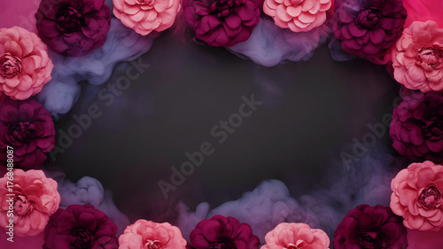 Fototapeta Naklejka Na Ścianę i Meble -  Dark gothic rose floral border with smoke on black background, postcard or card template with copy space