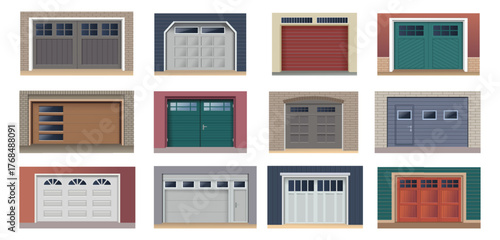 Warehouse door. Garage repair, front of mechanic car house, industrial business construction. Automatic shutter, safety transport parking storage. Vector isolated doorway illustration set