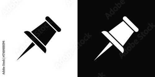 Thumbtack icon in solid silhouette set. Vector Illustration.
