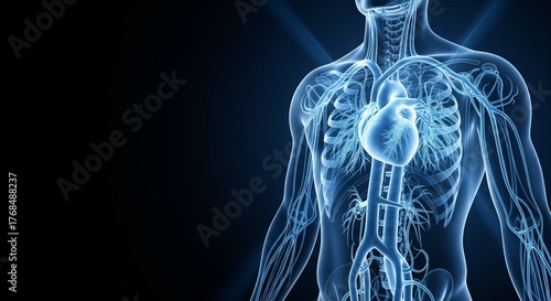 Blue-tinted x-ray style visualization of the human cardiovascular system with glowing arteries and veins, futuristic medical detail and clean copyspace.