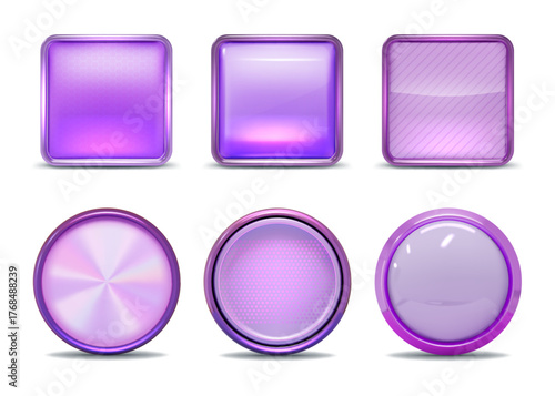 3d button. Square rectangle glass frame, round glossy metal ui panel or rectangular interface border, application shape, empty geometric figures signs. Vector isolated render icons set