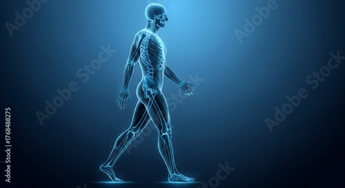 Blue x-ray style human skeleton in walking motion with glowing bones and realistic anatomy, ideal for medical, science, and healthcare visuals.