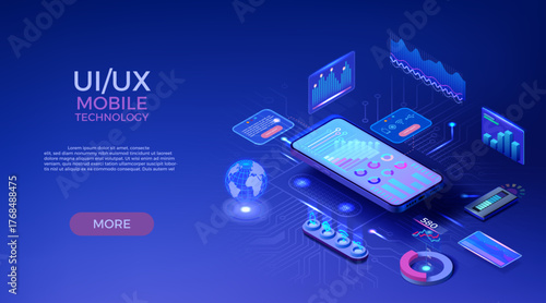 3d phone. Data technology background for statistic or analytic app, smartphone financial graph dashboard for bank platform. Web banner design. UX UI digital infographic. Vector concept