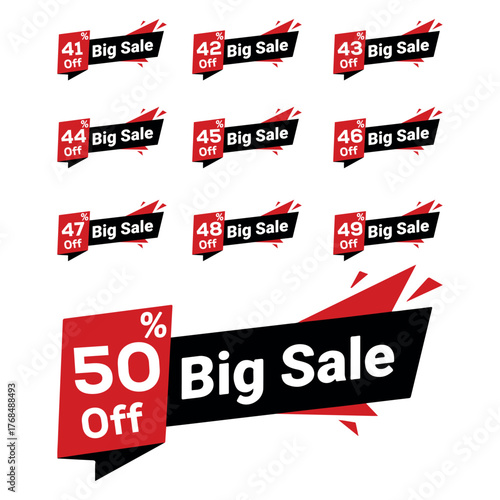 Collection of red and black discount labels with percentages from 41% to 50%. Perfect for e-commerce, retail marketing, and promotional sales design templates.