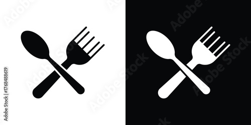 Spoon and Fork icon in solid silhouette set. Vector Illustration.