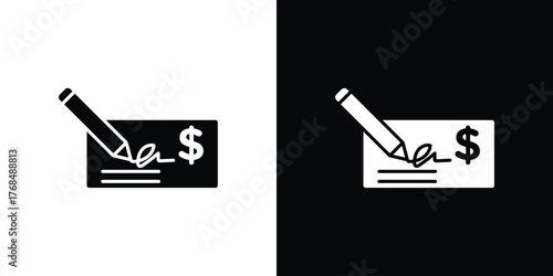 Signing cheque icon in solid silhouette set. Vector Illustration.