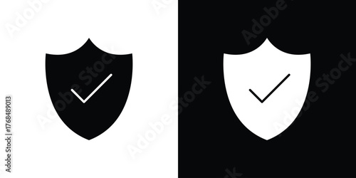 Shield check icon in solid silhouette set. Vector Illustration.
