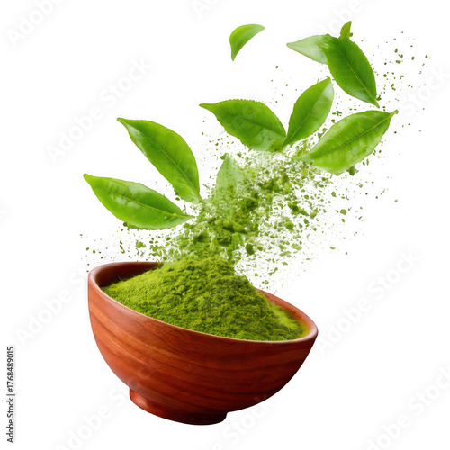  Flying falling green tea leaves with matcha bowl isolated on white and transparent background.