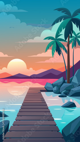 Tranquil tropical sunset over the ocean with a wooden pier and palm trees