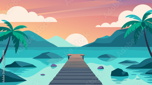 Tranquil tropical sunset with palm trees and a wooden pier