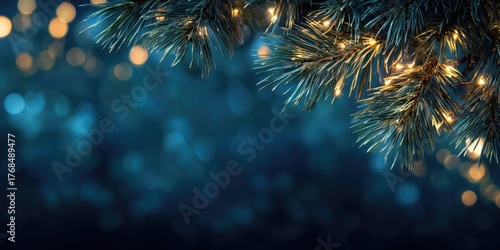 Close up of pine needles and warm lights against a dark blue bokeh background