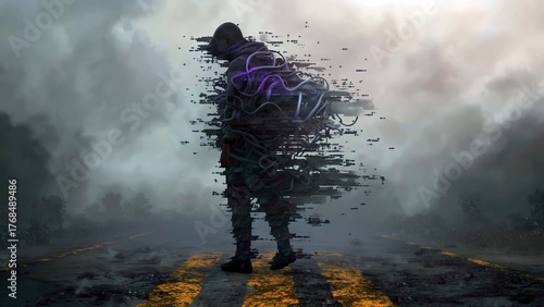 A lone, glitched figure with purple cables stands on a foggy road, blending cyberpunk and dystopian vibes in a moody, surreal landscape
