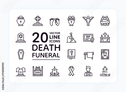 Funeral icons. Line death, religious bible and church, coffin service. Catholic, Christian church, graveyard religion memorial symbols. RIP sign pictograms collection. Vector outline set