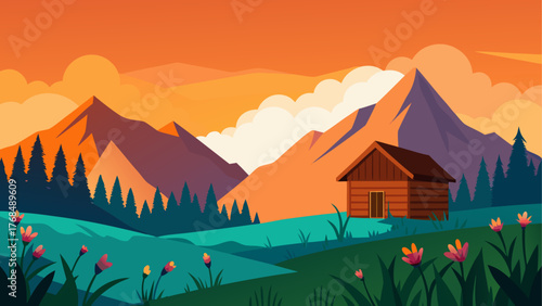 Cozy wooden cabin nestled in a vibrant mountain landscape at sunset