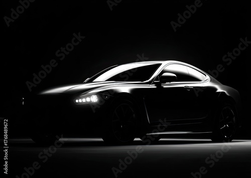 Sleek black sports car illuminated by dramatic studio lighting