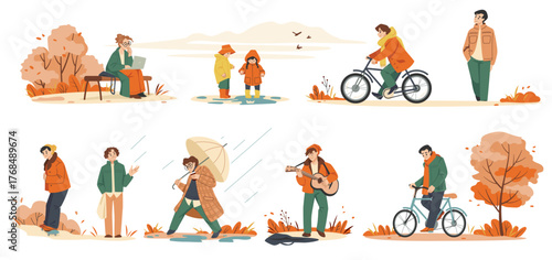 Autumn rain. People characters with umbrella, fall season weather in city. Couple, children on bicycle outdoors, rainy weather. Characters walking in park. Vector cartoon illustration