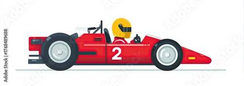 Flat illustration of a red race car with number 2 and driver