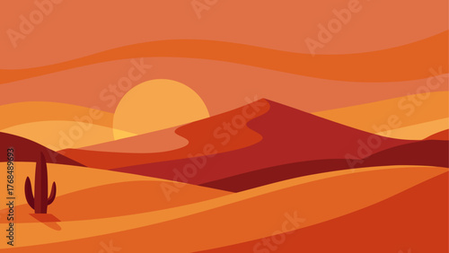 Stylized desert landscape with rolling dunes and a single cactus at sunset