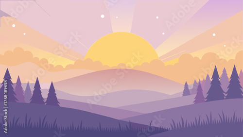 Serene minimalist landscape with rolling hills and a vibrant sunset over a pine forest