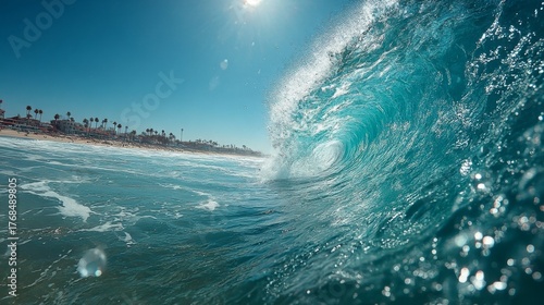 huge tube wave in the water looking towards the horizon at the beach