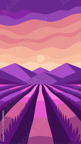 Stylized lavender field at sunset with rolling hills and vibrant sky