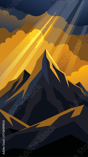Dramatic mountain peak illuminated by golden sun rays breaking through dark clouds
