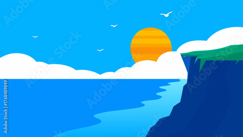 Vibrant flat illustration of a coastal cliff overlooking the ocean with a bright sun and birds flying