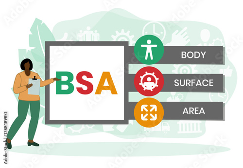 BSA - Body Surface Area acronym. business concept background. vector illustration concept with keywords and icons. lettering illustration with icons for web banner, flyer