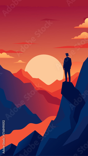 Silhouette of a person in a hat standing on a mountain peak watching the sunset