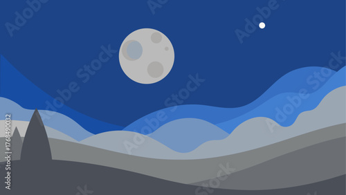 Minimalist night landscape with full moon and rolling hills