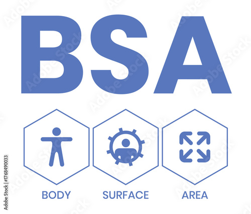 BSA - Body Surface Area acronym. business concept background. vector illustration concept with keywords and icons. lettering illustration with icons for web banner, flyer